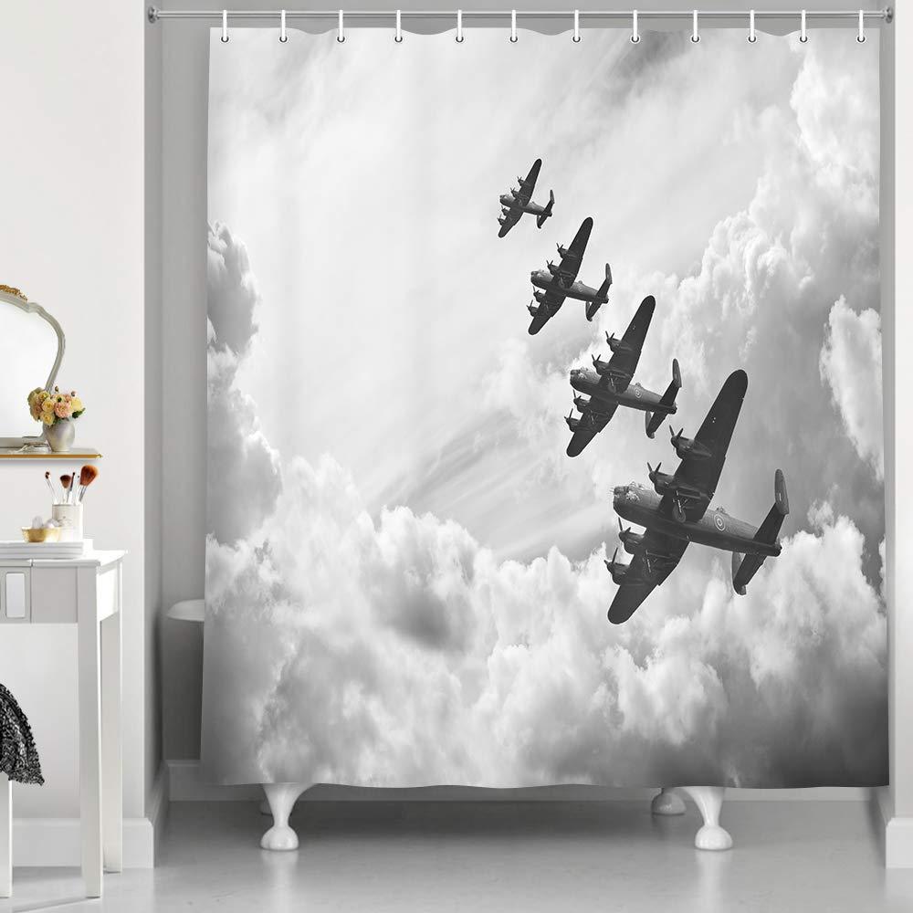 NYMB Vintage Airplane Decor Shower Curtain for Bathroom, Retro Image of Lancaster Bomber Jets Air Force in Clouds Plane Fabric Bath Curtains, Waterproof Shower Curtain Sets with Hooks, 69X70in Grey - NewNest Australia