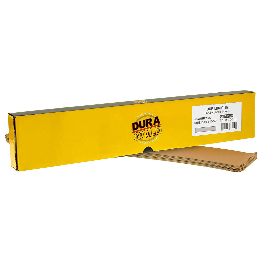 Dura-Gold - Premium - 600 Grit Gold - Pre-Cut Longboard Sheets 2-3/4" wide by 16-1/2" long - PSA Self Adhesive Stickyback Longboard Sandpaper - Box of 20 Sandpaper Finishing Sheets 600-Grit - NewNest Australia