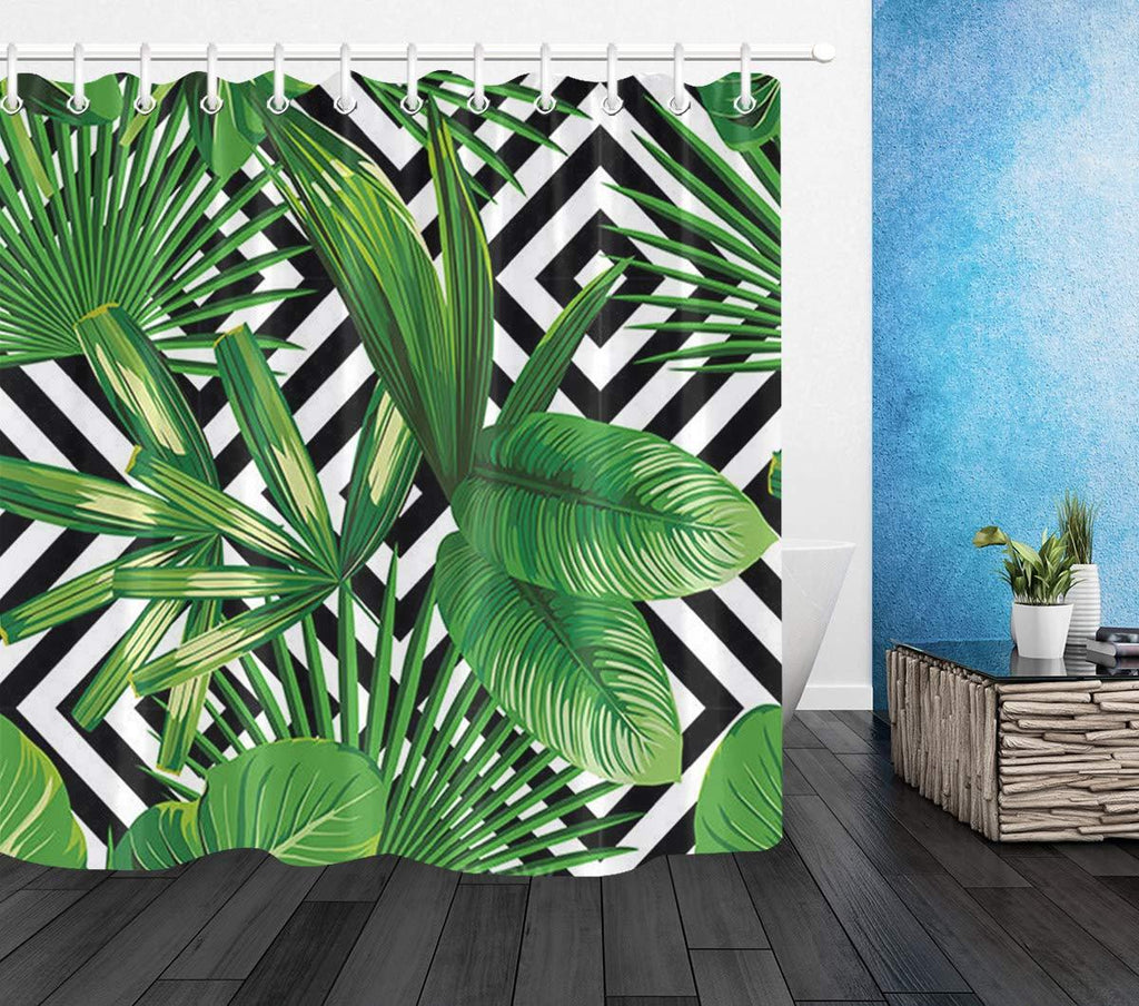 LB Banana Leaf Shower Curtain, Realistic Vivid Green Leaves of Palm Tree on Black White Background Tropical Plant Shower Curtain 72x72 Inch Waterproof Fabric with 12 Hooks 72Wx72L - NewNest Australia