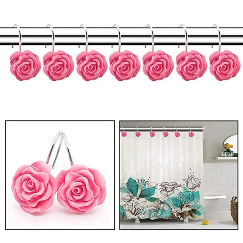 Actpe 12pcs Shower Curtain Hooks, Home Decorative Rustproof Shower Curtain Hooks Resin Rose Flower Shower Hooks Rings for Bathroom Shower Rods Curtains, Pink Rose - NewNest Australia