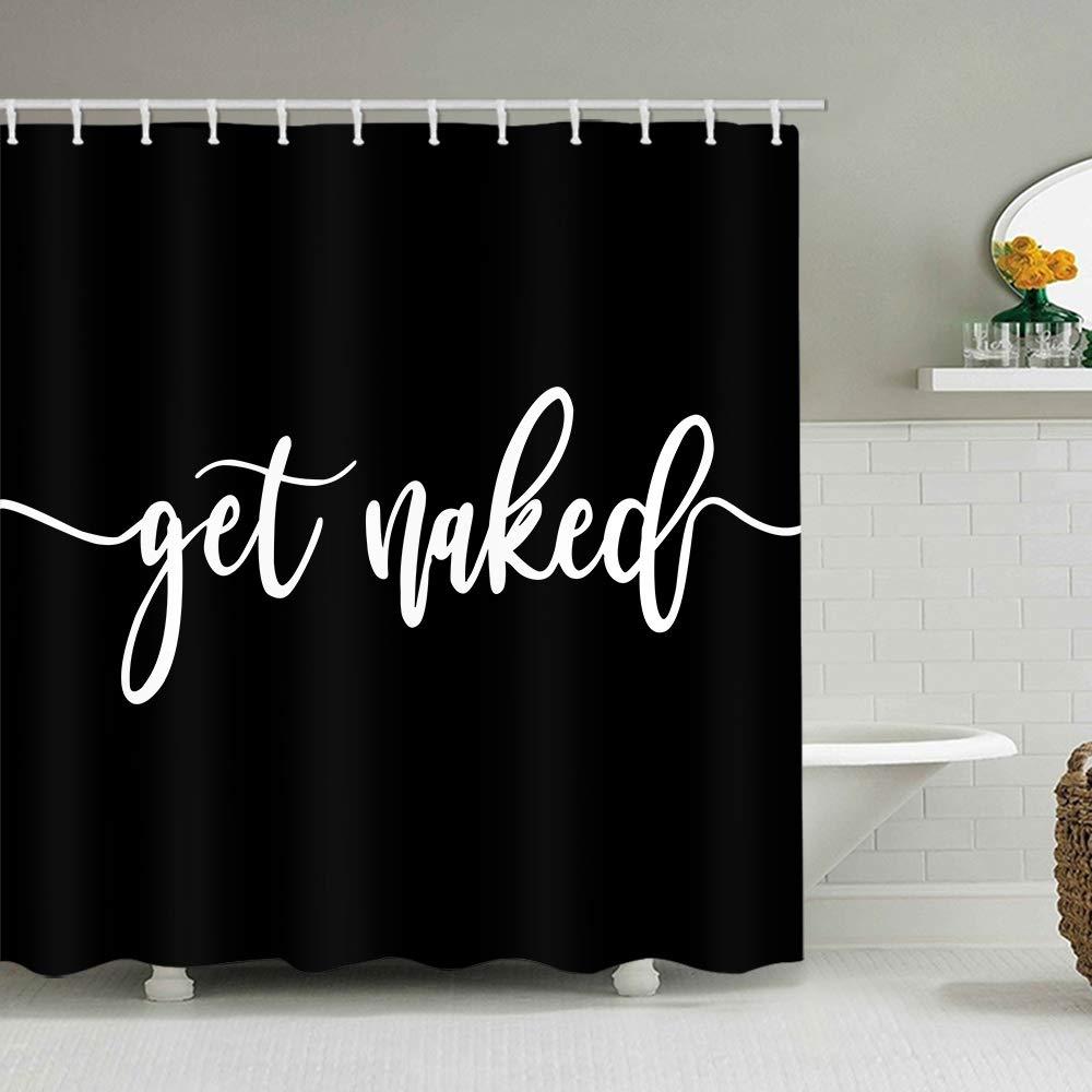 Eleroye Shower Curtain Funny Cute Get Naked White Words Black Background Simple Design Water Soap Resistant Machine Washable Fabric Bathroom Decor Set with Hook Bath Curtain 72 x 72 inches 72"W x 72"L - NewNest Australia