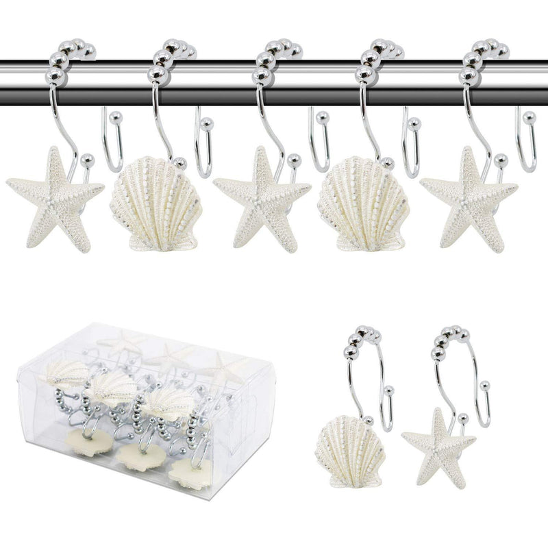 BEAVO Seashell Shower Curtain Hooks ,12 Pcs Double Roller Glide Rust-Resistant Stainless Steel Decorative Shower Curtain Rings for Bathroom, Baby Room, Bedroom, Living Room Decor (White) White - NewNest Australia