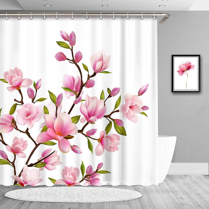 LIVILAN Fabric Shower Curtain Set with 12 Hooks, Pink Flower Bath Curtain Decorative Bathroom Accessories, Machine Washable, 72" X 72" - NewNest Australia