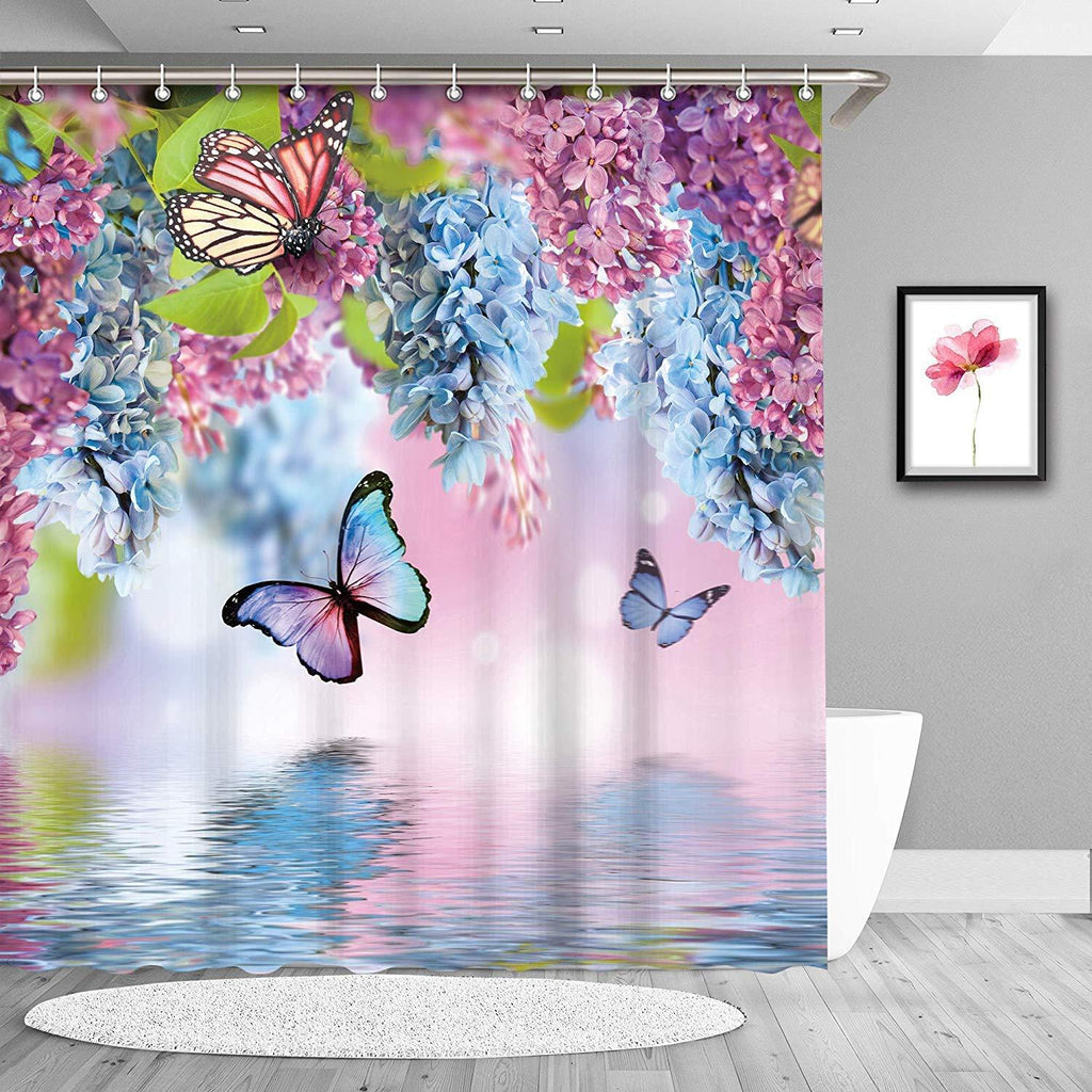 LIVILAN Butterfly Shower Curtain for Bathroom with Wisteria, Blue Purple Floral Bath Curtain with 12 Hooks, Watercolor Flowers Decorative Artistic Fabric Bathroom Decor Machine Washable (72" X 72") 72" X 72" - NewNest Australia