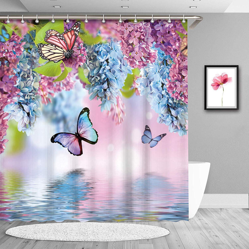 LIVILAN Butterfly Shower Curtain for Bathroom with Wisteria, Blue Purple Floral Bath Curtain with 12 Hooks, Watercolor Flowers Decorative Artistic Fabric Bathroom Decor Machine Washable (72" X 72") 72" X 72" - NewNest Australia