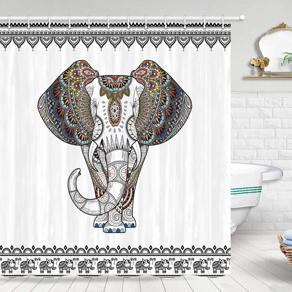 Elephant Shower Curtain, Ethnic Style Bohemian Creative Animal Elephant Black and White Shower Curtain, Fabric Shower Curtain Hooks Include，70 in 70''W By 70''L - NewNest Australia