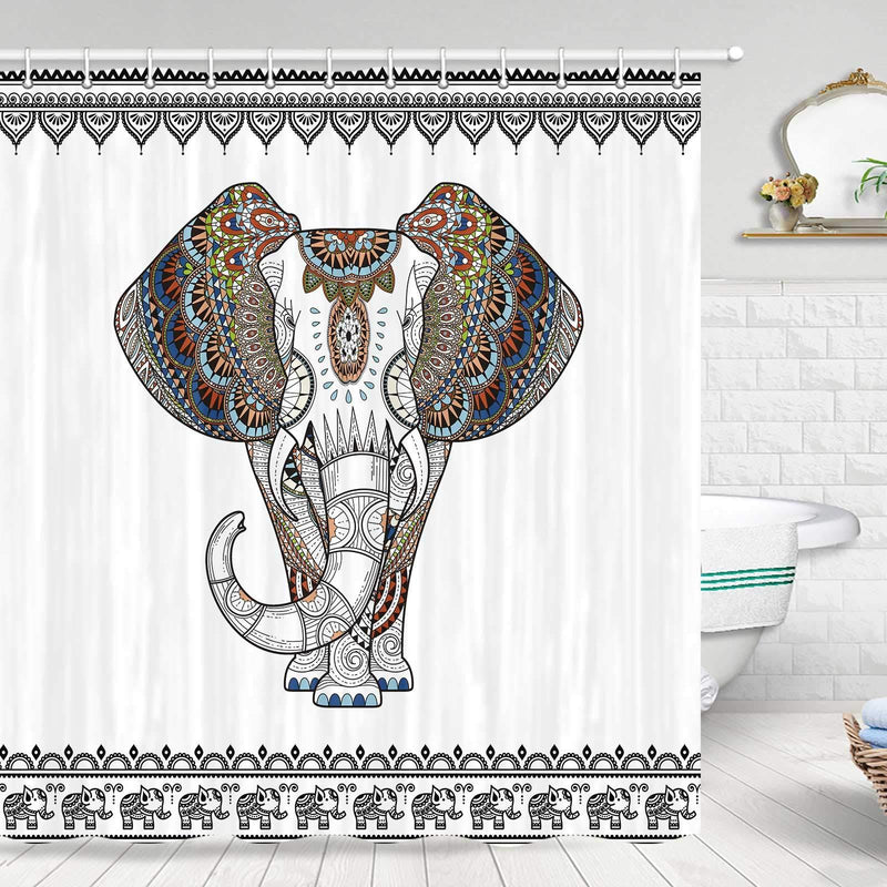 Elephant Shower Curtain, Ethnic Style Bohemian Creative Animal Elephant Black and White Shower Curtain, Fabric Shower Curtain Hooks Include，70 in 70''W By 70''L - NewNest Australia