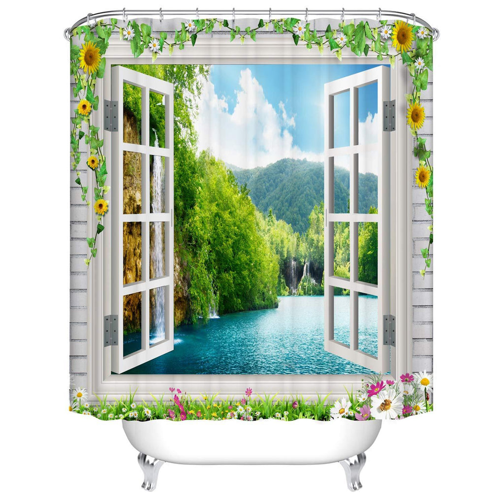 Dodou 3D Sun Flower Window Beach Shower Curtain Waterfall Landscape Scenery Waterproof Fabric Polyester Set with Hooks (72''Wx72''H) 72''Wx72''H - NewNest Australia