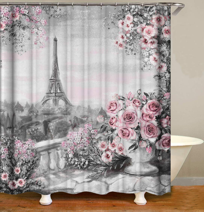 YUYASM Vintage Paris Fabric Shower Curtain Painting Eiffel Tower Pink Rose Flower Spring Cityscape Gray Decor Bathroom Bath Curtains with Plastic Hooks 70x70 Inch 70" Wx70" H Pink Grey - NewNest Australia