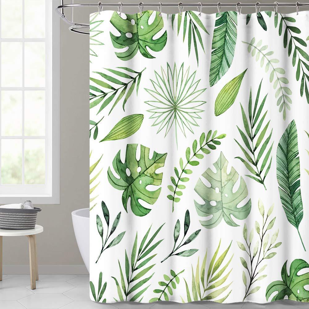 KGORGE Waterproof Shower Curtain for Bathroom, Tropical Palm Leaf Pattern on White Background, Botanical Curtain Accessory Decor Set for Laundry Room Poolside, 72 x 72 inch with Hooks Plant - NewNest Australia