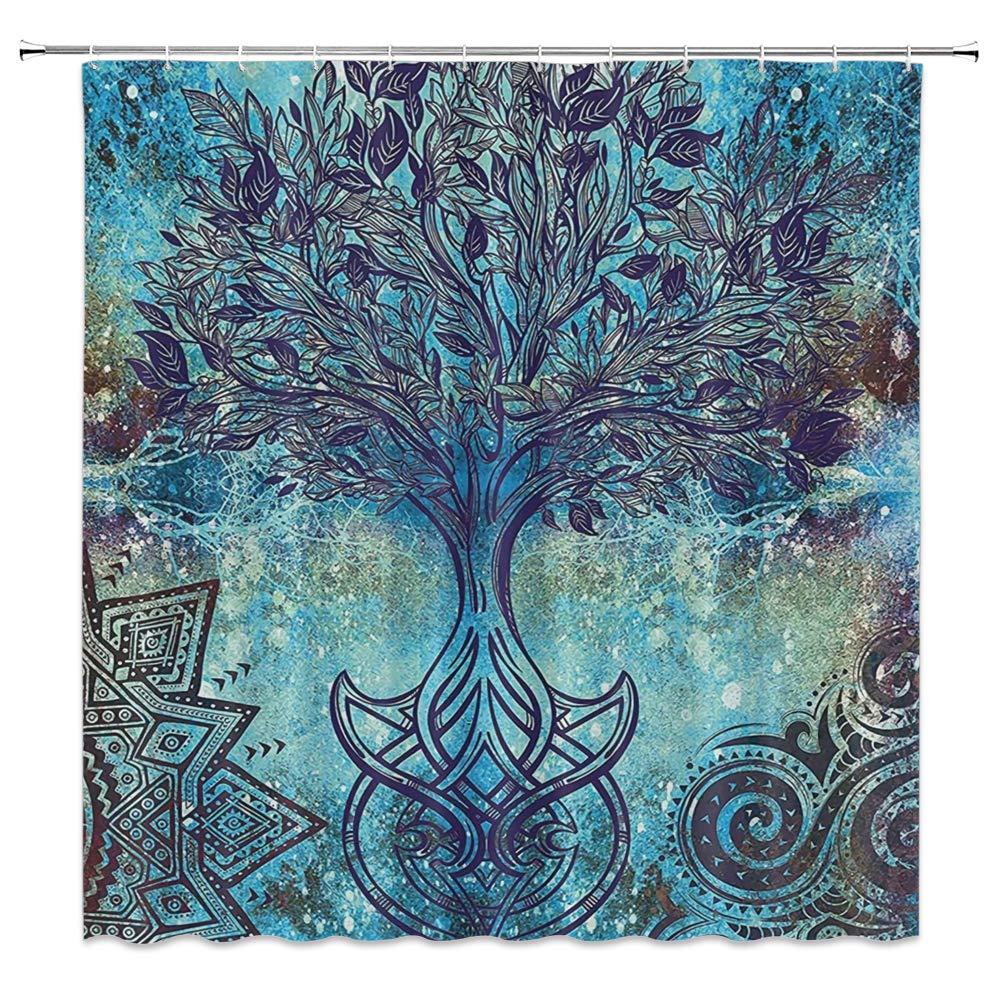 WZFashion Tree of Life Shower Curtain Grunge Style Tree Pattern with Ethnic Mandala and Spiral Shapes Blurry Artwork, Fabric Bathroom Decor Set with Hooks, Turquoise Brown 70"WX70"H - NewNest Australia