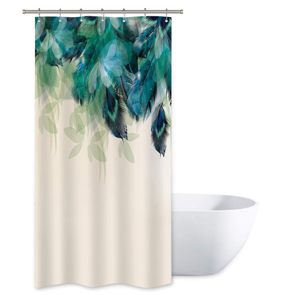 Riyidecor Stall Watercolor Peacock Feather Shower Curtain 36Wx72H Inch Teal Turquoise Floral Green Leaf Bathroom Home Decor Fabric Waterproof Bathtub 7 Pack Plastic Hook - NewNest Australia