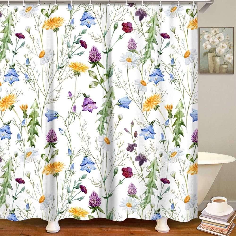 LIVILAN Fabric Floral Shower Curtain Set with 12 Hooks Decorative Bath Curtain Modern Bathroom Accessories, Machine Washable, Colorful Flowers and Green Leaves Pattern (72x72) 72x72 - NewNest Australia