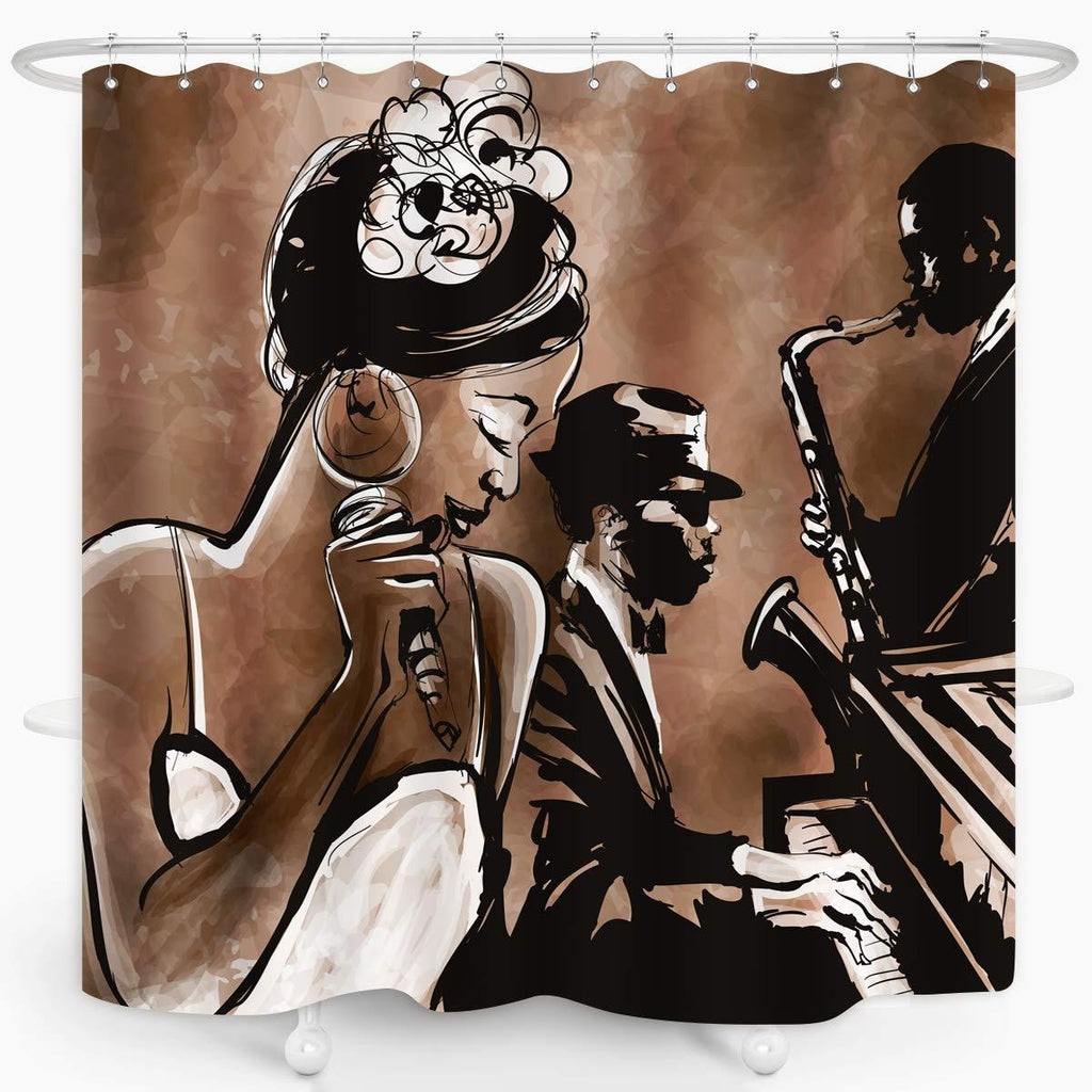 ZXMBF American Woman Jazz Shower Curtain African Black Girl Singing Jazzist Afrocentric Black Art Grunge Style Waterproof Fabric Bathroom Decor 72x72 Inch Brown Plastic Hooks 12 72L*72W - NewNest Australia