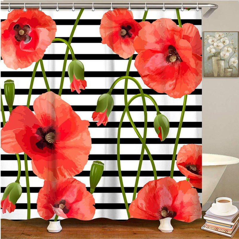 LIVILAN Poppy Shower Curtain Black and White Striped Floral Fabric Bathroom Curtains with 12 Hooks Red Flowers Bathroom Decor 72x72 Inch - NewNest Australia