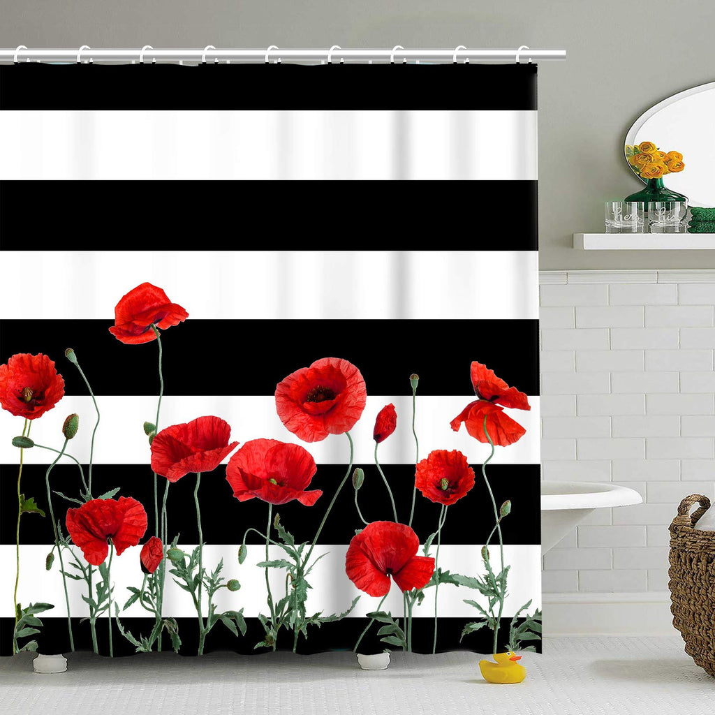 Stacy Fay Poppy Floral Shower Curtain Striped Bath Curtains with 12 Hooks Black and White Stripes Bathroom Decor 72 Inch (RED) - NewNest Australia