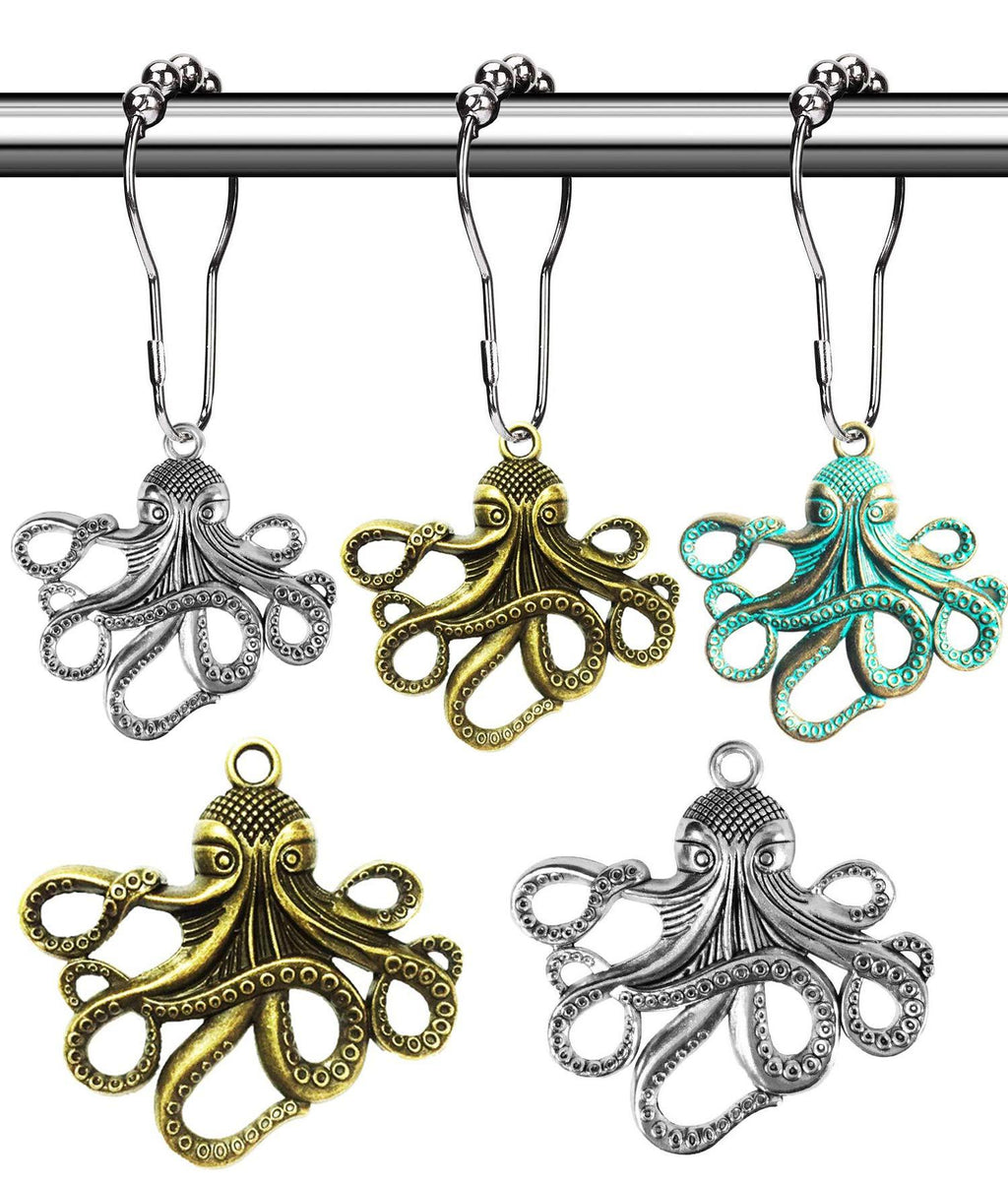 Aimoye Octopus Decorative Shower Curtain Hooks - Rust Proof Brushed Nickel Rings with Octopus Accessories Set Decorate Bathroom with Ocean, Beach, Sea, Nautical Theme (Colorful, 12PCS) Colorful - NewNest Australia