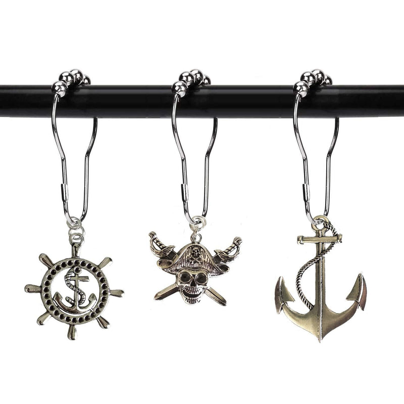 Aimoye Nautical Shower Curtain Hooks Rings - Pirate Skull, Anchor, Rudder Decorative Bathroom Accessories Set, Silver Metal Window Curtain Hangers, Tropical Ocean, Beach, Sea Theme Bathroom Decor - NewNest Australia