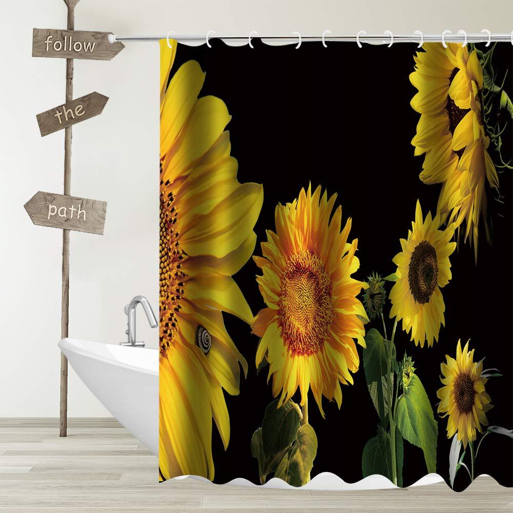 Sunflower Fabric Shower Curtain Orange Yellow Flower Green Leaf with Snail Black Decor Bathroom Bath Curtains with Plastic Hooks 70x70 Inch 70" Wx70" H Orange Yellow Black - NewNest Australia