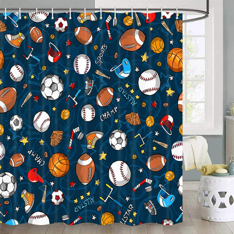 Sports Shower Curtain for Kids Children Teens, 70X70 Inches, Basketball Football Baseball Hockey Star Blue Shower Curtain Sports Bathroom Decor, Fabric Baseball Shower Curtain Set with Hooks Dark Blue 70''W By 70''L - NewNest Australia