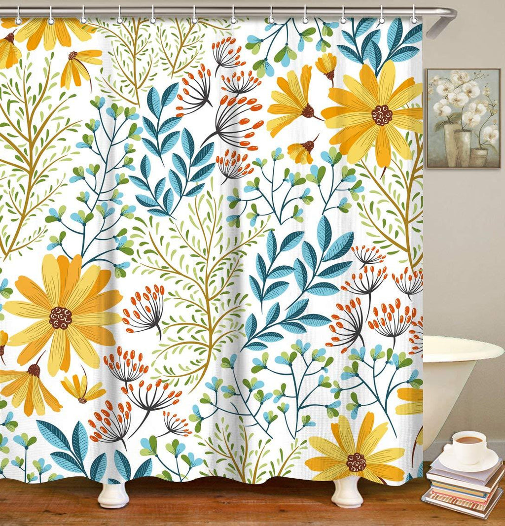 LIVILAN Yellow Floral Shower Curtain, Waterproof Floral Shower Curtain, Shower Curtain Set with 12 Hooks, Decorative Colorful Flowers Blue Leaves Bathroom Accessories, Machine Washable, 72" X 72" 72'' x 72'' - NewNest Australia