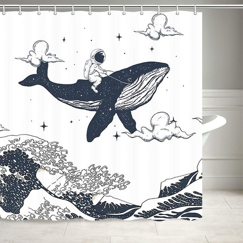 DYNH Ocean Wave Shower Curtain, Astronauts Riding Whales in Ocean Wave Bathroom Curtains, Fabric Oriental Vintage Kanagawa Japanese Wave Art Shower Bathroom wiht 12PCS Hooks, 69X70IN Blue White - NewNest Australia