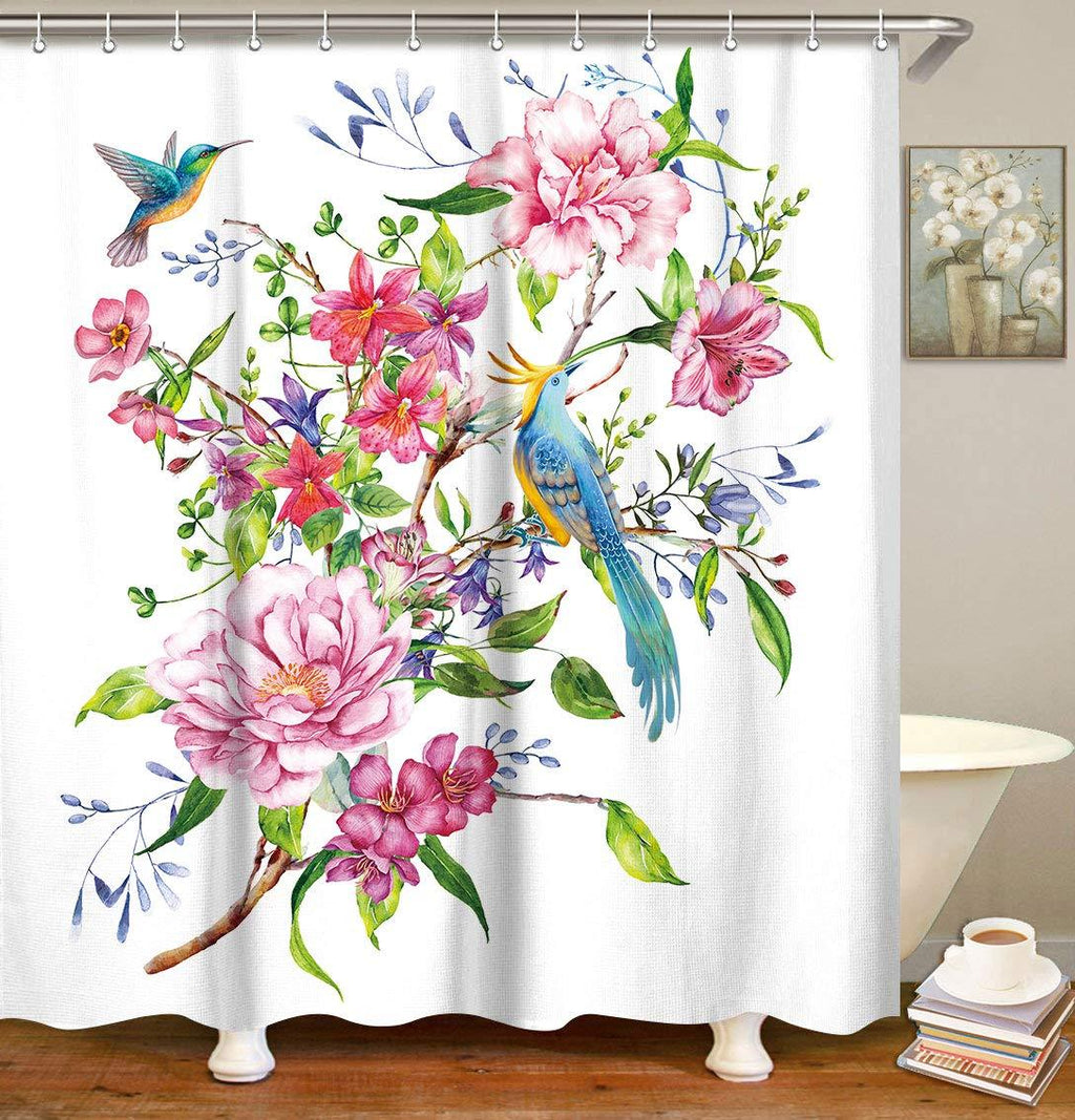 LIVILAN Floral Fabric Shower Curtain, Pink Flowers Birds Bathroom Curtains Set with Hooks Bathroom Decor, 72x72 Inches Machine Washable Creative Vivid Pattern - NewNest Australia