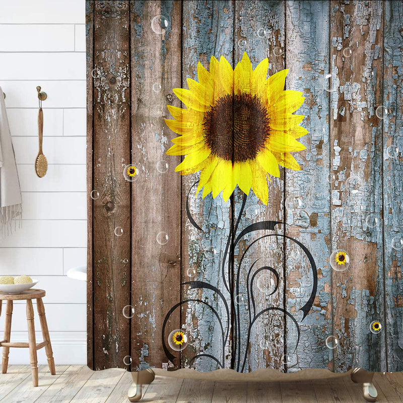 Rustic Sunflower Shower Curtain, Farmhouse Country Floral Flower on Rustic Rural Barn Wooden Fabric Shower Curtain, Yellow Brown Bathroom Curtains with Hooks Sets, 69x70inches 69x72inches - NewNest Australia