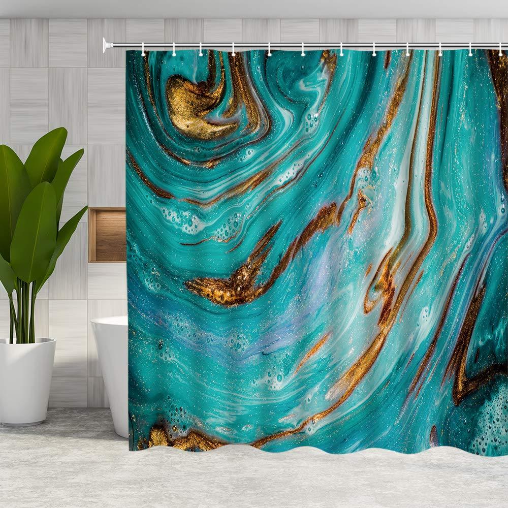 DMTTY Marble Shower Curtain Green Golden Gradient Abstract Bathroom Curtain 72x72 Inches Fabric Bathroom Accessories Polyester with Hooks 72" X 72" - NewNest Australia