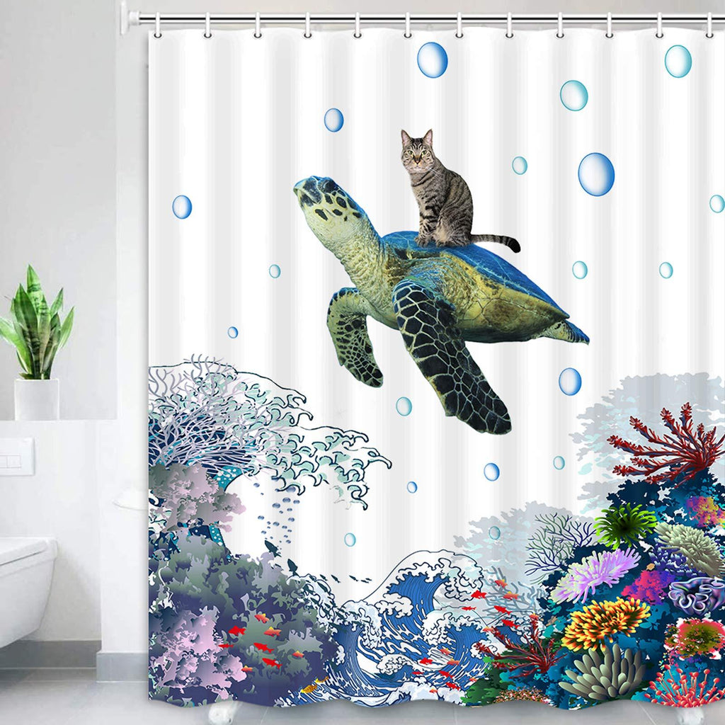 Funny Turtle Cat Shower Curtain , Hilarious Ocean Animal Shower Curtan Set, Cat Riding Turtle on Great Wave Coral Shower Curtain for Bathroom, Blue Fabric Bathroom Curtain with Hooks, 69x70inches 69"Wx70"L - NewNest Australia