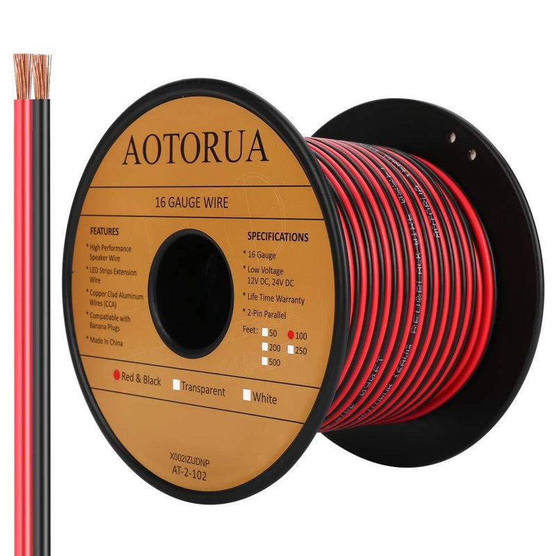 AOTORUA 100FT 16/2 Gauge Red Black Cable Hookup Electrical Wire, 16AWG 2 Conductor 2 Color Flexible Parallel Zip Wire LED Strips Extension Cord 12V/24V DC Cable for LED Ribbon Lamp Tape Lighting - NewNest Australia