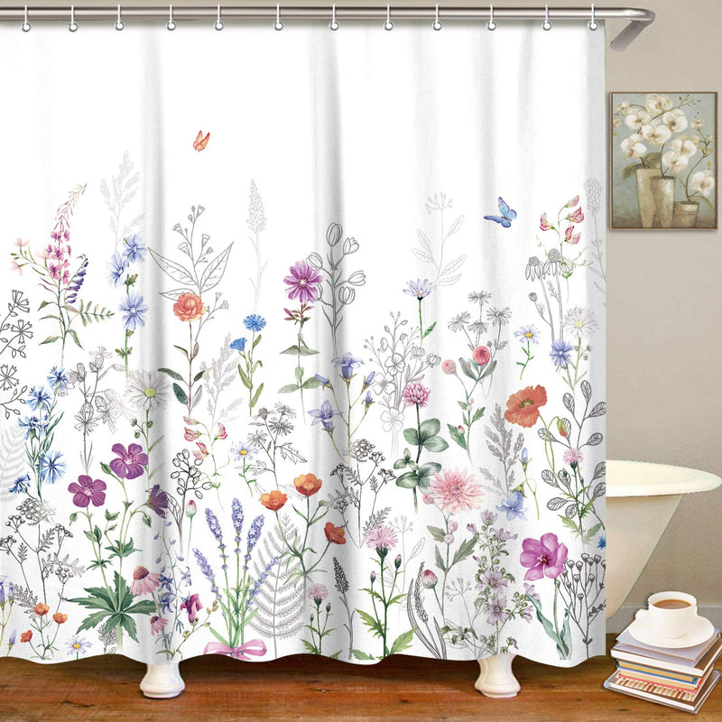 LIVILAN Fabric Floral Butterfly Shower Curtain Set with 12 Hooks, Decorative Bath Curtain Colorful Flowers and Green Leaves Pattern Bathroom Accessories, Machine Washable (72x72) 72x72 - NewNest Australia