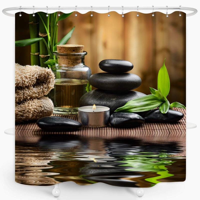 Zen Spa Shower Curtain Basalt Stones Herbal Oil Scent Candles Bamboo and Water Reflection Relaxing Meditation Home Décor Waterproof Fabric 72x72 Inch Plastic Hooks 12PCS - NewNest Australia