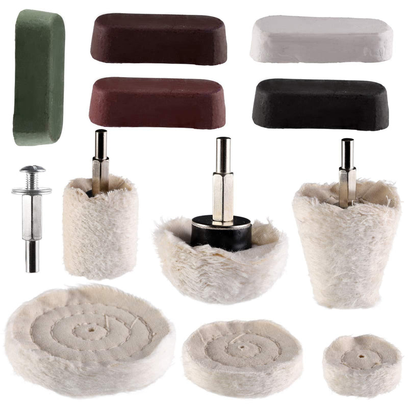 Hedume Set of 12 Buffing Pad Polishing Wheel Kits Included 5 Pack Rouge Compound, Cone, Column, Mushroom, T-Shaped Wheel Grinding Head with 1/4" Handle-for Manifold/Aluminum/Stainless Steel/Chrome - NewNest Australia