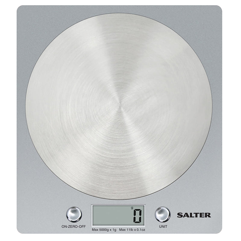 Salter 1036 SVSSDR Disc Electronic Scale, Digital Weighing, Stylish Slim Design, Home/Kitchen Cooking, Spun Stainless Steel Platform, Add,Weigh, Measures Liquids/Fluids, 5 Kg Capacity, Silver/Chrome Single - NewNest Australia