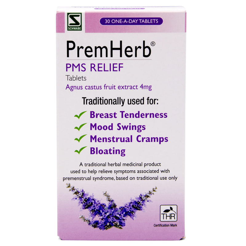 Schwabe Pharma - Premherb PMS Relief - Agnus Castus Fruit Extract 4mg - Traditionally Used for Relief of Breast Tenderness, Mood Swings, Menstrual Cramps, Bloating - 30 Tablets - NewNest Australia