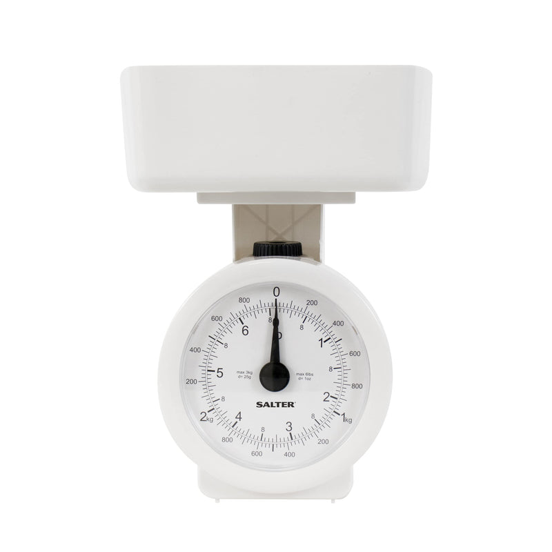 Salter 112 WHWHDR Mechanical Kitchen Scale, 3 KG Maximum Capacity, Analogue, Easy to Read Dial, Dishwasher Safe, Compact Storage, 1 L Detachable Bowl, Battery Free, White single - NewNest Australia