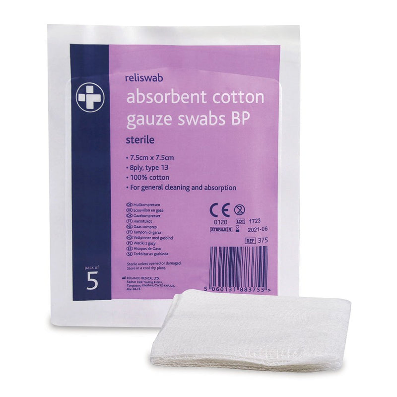 Reliswab REL375 Cotton Gauze Swab, High Absorbency Quality, Prevent Dryness, Diseases, Clean Wound Surface. Sterile, 8 Ply, British Pharmacopoeia, 7.5 cm W x 7.5 cm L ( 4 x 5) Pack of 20 - NewNest Australia