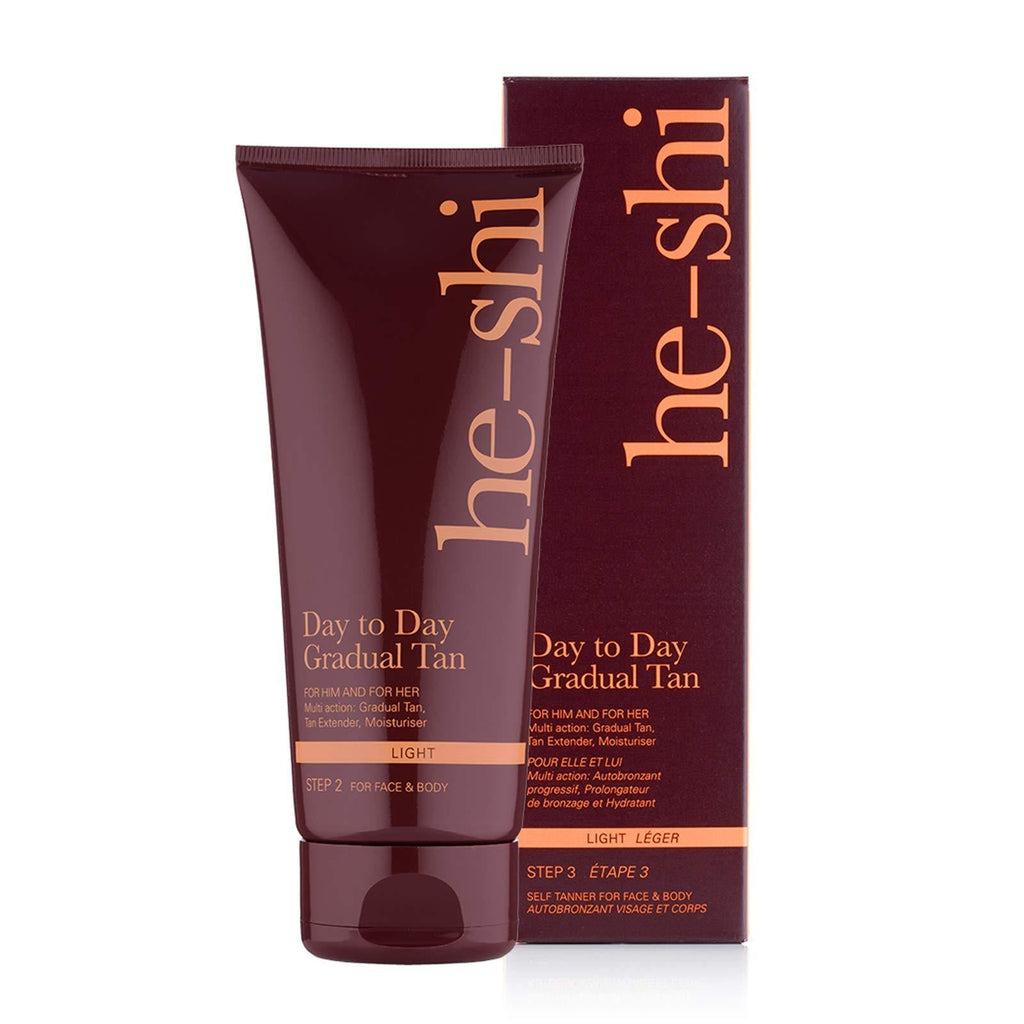 He-Shi Day to Day Gradual Tan Moisturiser – No False Tan Smell – Easy Application – Natural Vegan Formula Containing Pro Vitamin E, B5 + Aloe Vera – Body & Face Self Tan (200ml) 200 ml (Pack of 1) Light Brown - NewNest Australia