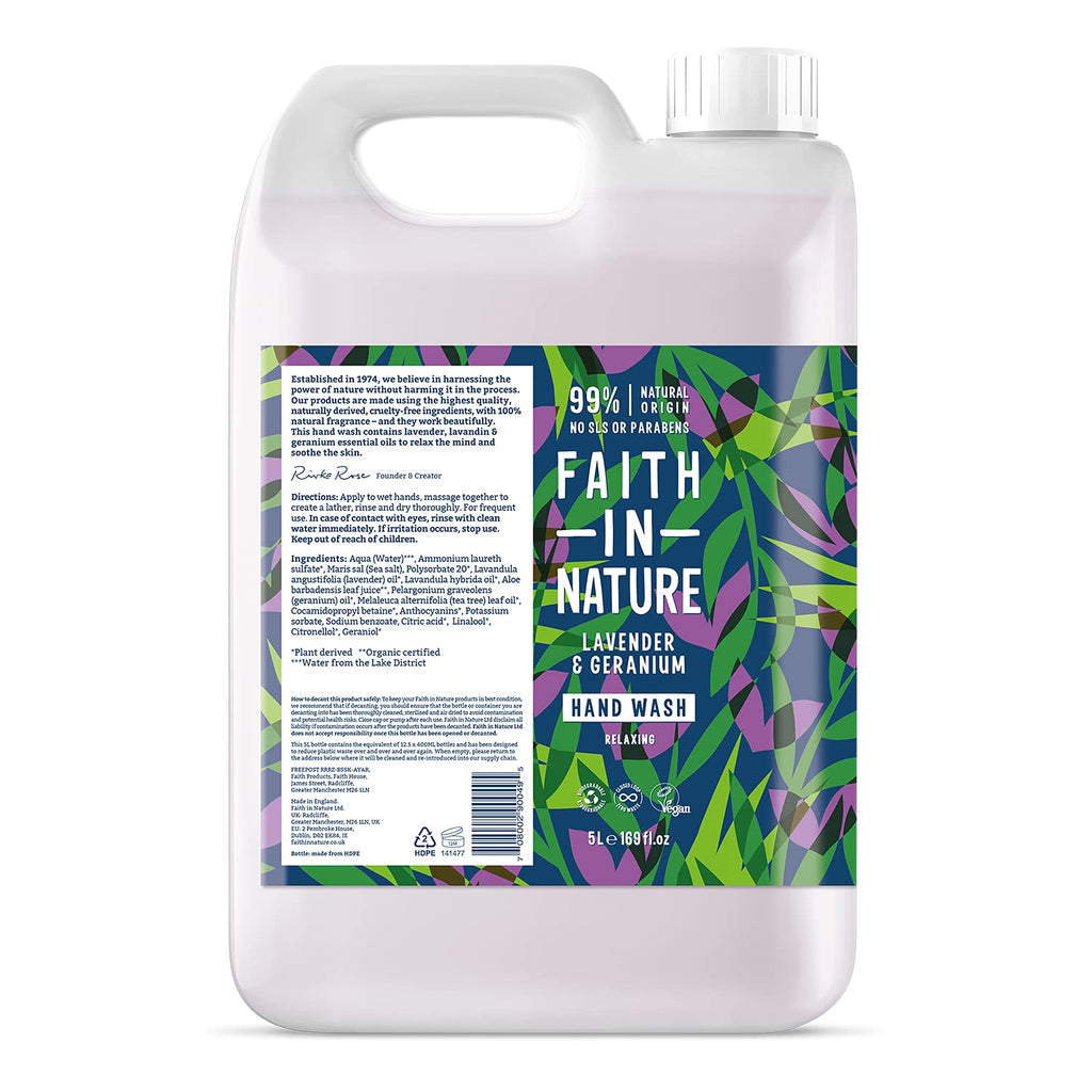 Faith In Nature Natural Lavender and Geranium Hand Wash, Nourishing, Vegan and Cruelty Free, No SLS or Parabens, 5 L Refill Pack Hand Wash - Lavender & Geranium - NewNest Australia