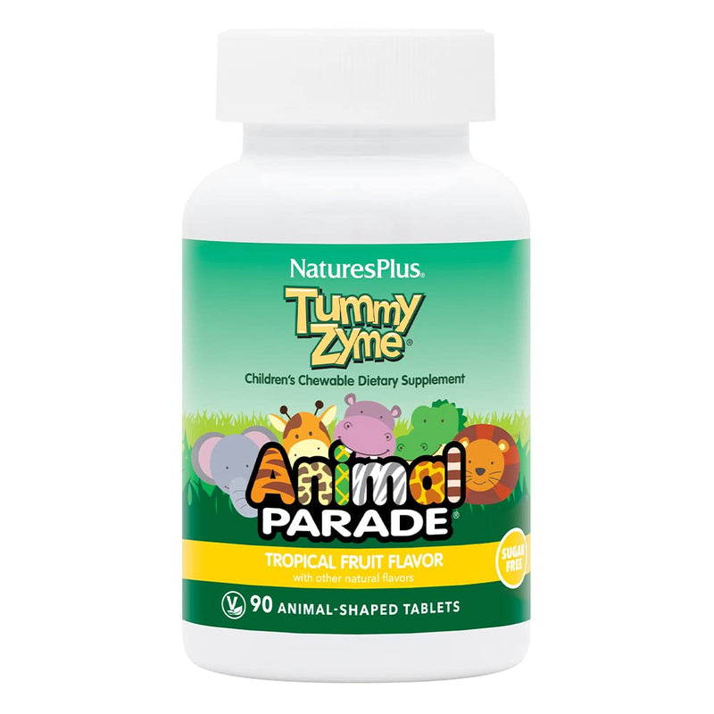 NaturesPlus Animal Parade Tummy Zyme Children’s Chewable Digestive Support - Active Enzymes, Lactase, Live Probiotics and Whole Foods - Vegetarian, Gluten Free - Tropical Fruit Flavour - 90 Animal Shaped Tablets - NewNest Australia