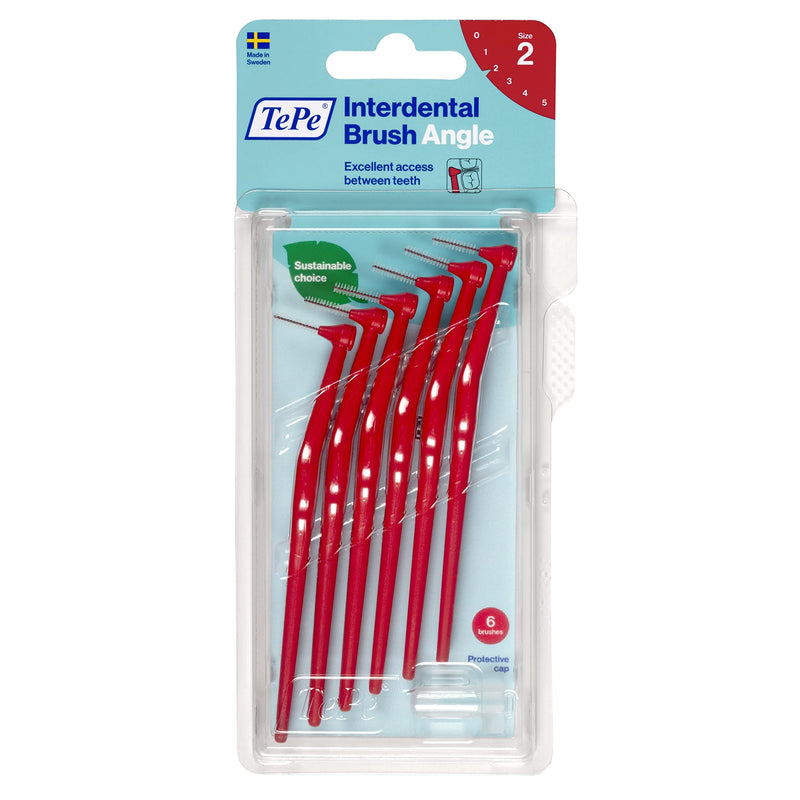 TePe Angle Red Interdental Brushes (0.5mm - Size 2) / Easy and simple interspace cleaning with long handle and angled neck / 1 x 6 brushes 6 Count (Pack of 1) Single size pack Red (0.5mm) - NewNest Australia