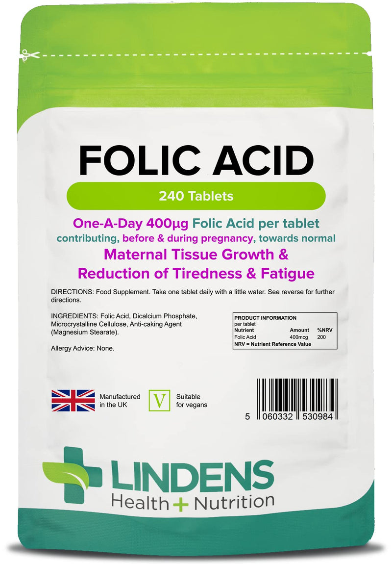 Lindens Folic Acid 400mcg - 240 Vegan Tablets - Pregnancy, UK Made to GMP | Immune Health, Energy and Vitality, Blood Formation, Psychological Function, Amino Acid | Made in the UK, Letterbox Friendly - NewNest Australia