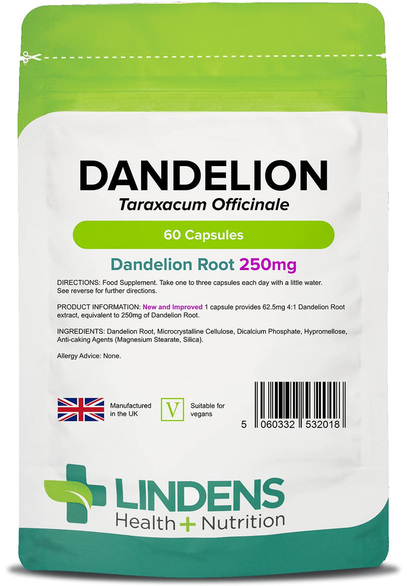 Lindens Dandelion 250mg - 60 Vegan Capsules - Water Retention, Detox, Cleanse | Taraxacum Officinale | 250mg Powdered Dandelion Root - UK Manufacturer, Letterbox Friendly - NewNest Australia