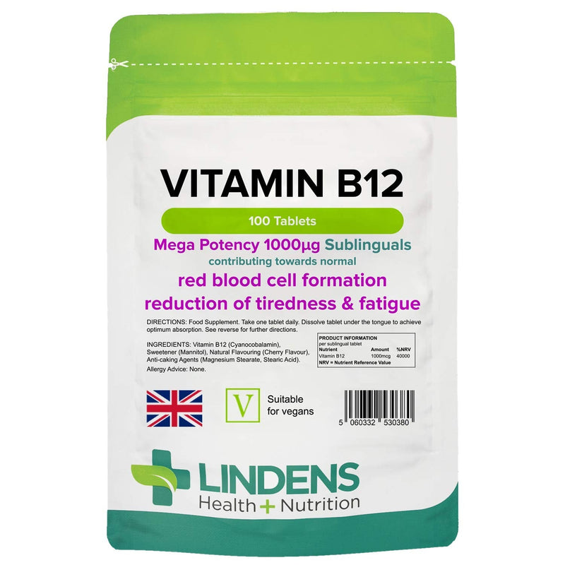 Lindens Vitamin B12 1000mcg Cherry Flavour Sublingual Tablets - 100 Pack - for Red Blood Cell Formation and Fatigue Reduction - Fast Absorption - UK Manufacturer, Letterbox Friendly 100 Count (Pack of 1) - NewNest Australia