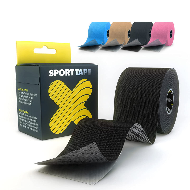 Gentle Adhesion Kinesiology Tape, 5cm x 5m - Black | Hypoallergenic, Water Resistant K Tape | Muscle Tape or Kinetic Tape for Sensitive Skin by SPORTTAPE | Uncut - Single Roll - NewNest Australia