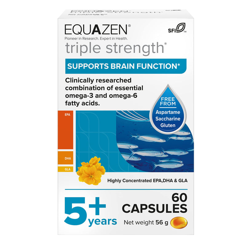 EQUAZEN Triple Strength Capsules, Omega 3 & Omega 6 Supplement, Clinically Researched blend of DHA, EPA & GLA, Supports Brain function*, Suitable from 5 years old to adult, 60 one-a-day capsules - NewNest Australia