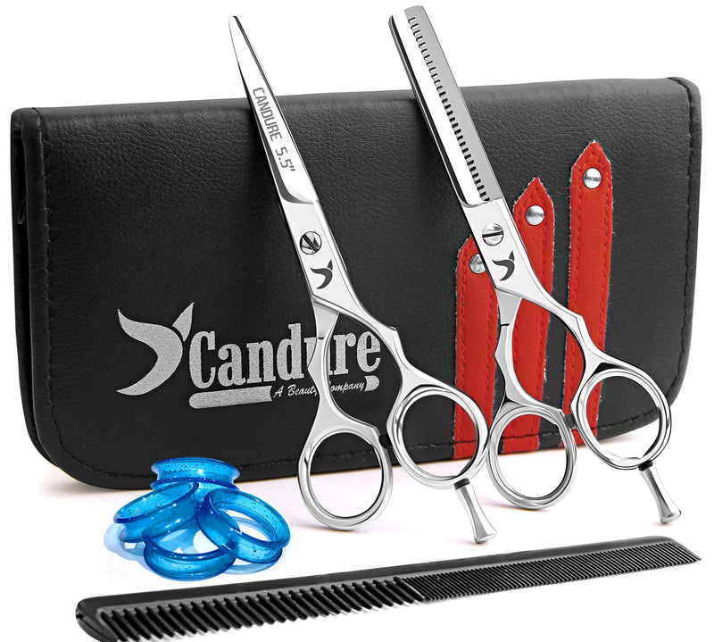 Candure Hairdressing Scissor Hairdresser thinning Scissor Set - 5.5 Inch Hair Cutting and Hair Scissor with Comb and Pouch - for Men, Women, Children and Professional Barbers 2 Count (Pack of 1) Silver - NewNest Australia