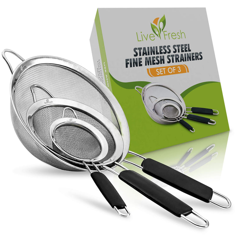 LiveFresh Food Strainer Set - Premium Fine Stainless Steel Fine Mesh Set of Strainers, Colanders and Sifters Crafted for Quinoa and More with Comfortable Non Slip Handles - Set of 3 - NewNest Australia