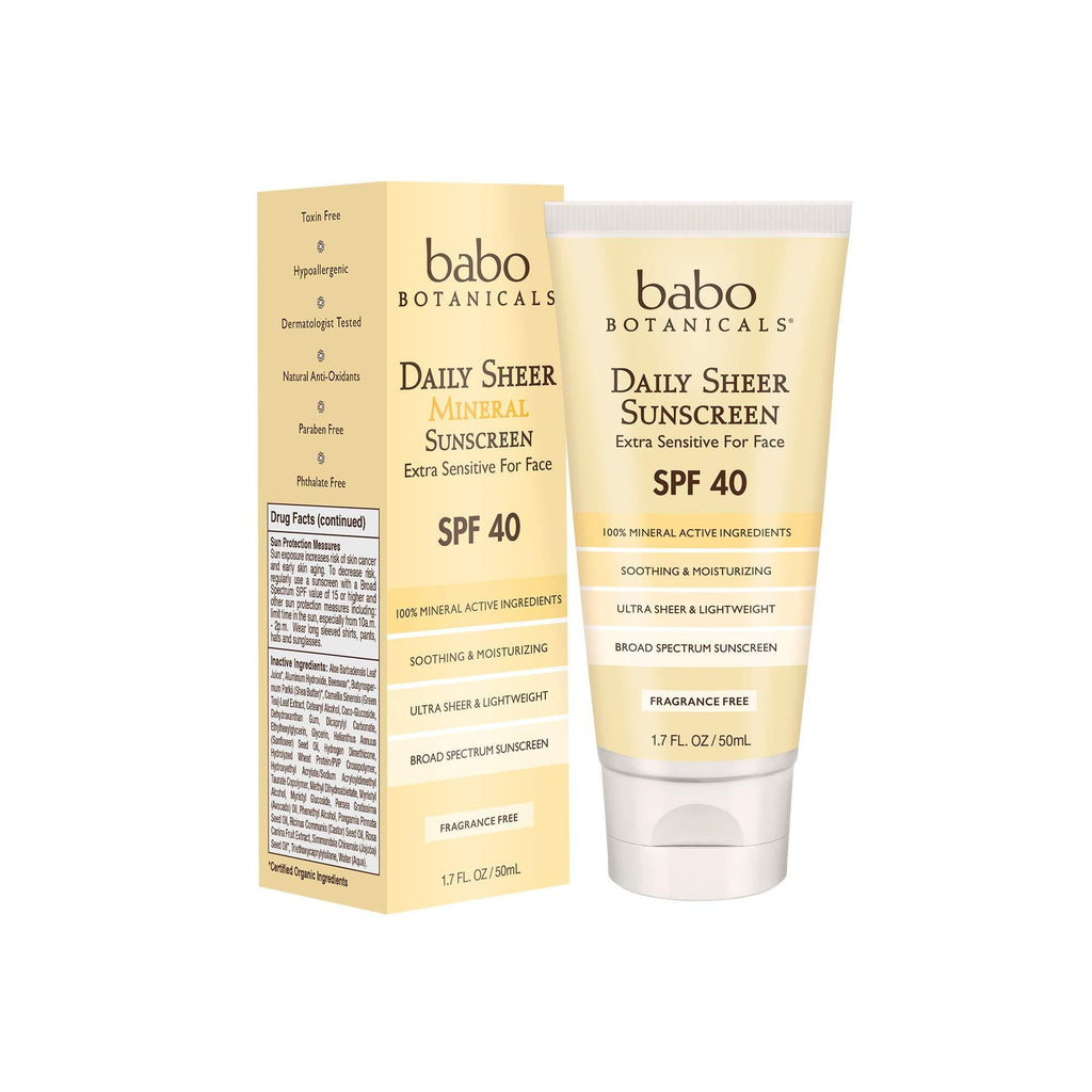 Babo Botanicals SPF 40 Daily Sheer Facial Sunscreen, Unscented, 1.7oz, Best Natural Mineral Sunscreen, Non-Nano, Sensitive - NewNest Australia